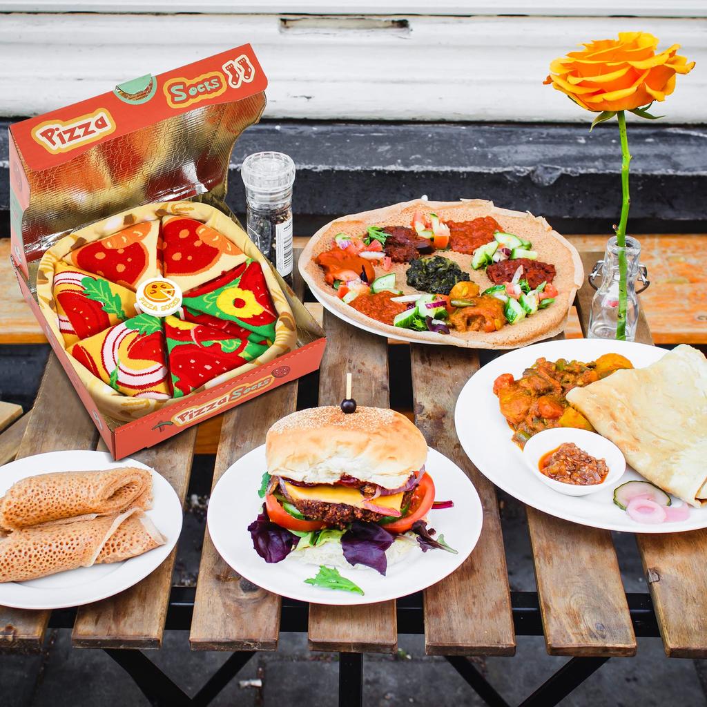 Ponožky v krabici na pizzu Stylový vtipný vánoční dárek k narozeninám Praktický oblíbený dárek pro středoškoláky Vtipné zboží Sada 4 párů [AGRIMONY] Pánské