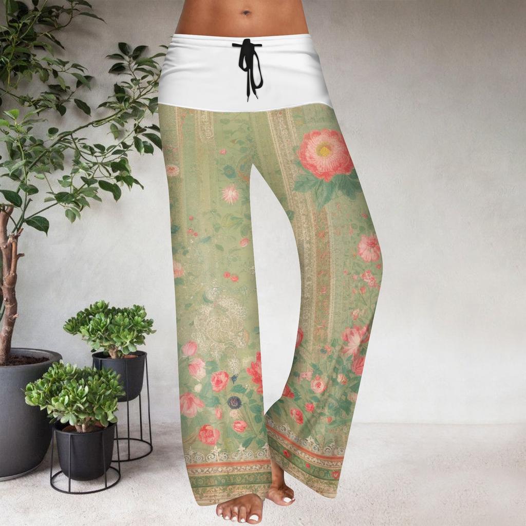 Women's Drawstring Elastic Waistband Wide Leg Color Matching Floral Printed Casual Pants