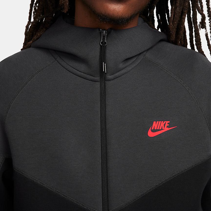 Nike Sportswear Tech Fleece Full-Length Zip Hooded Jacket Men Jackets Black Dark-Smoke-Grey Light-Deep-Red FB7922-013