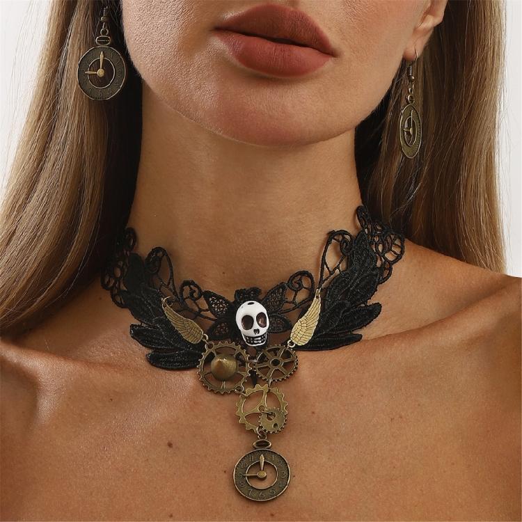 Gotisches Vampir Schmuckset Spitze Choker Halskette Zahnrad Uhr Ohrringe Halloween Piraten Kostüm Zubehör Set für Damen