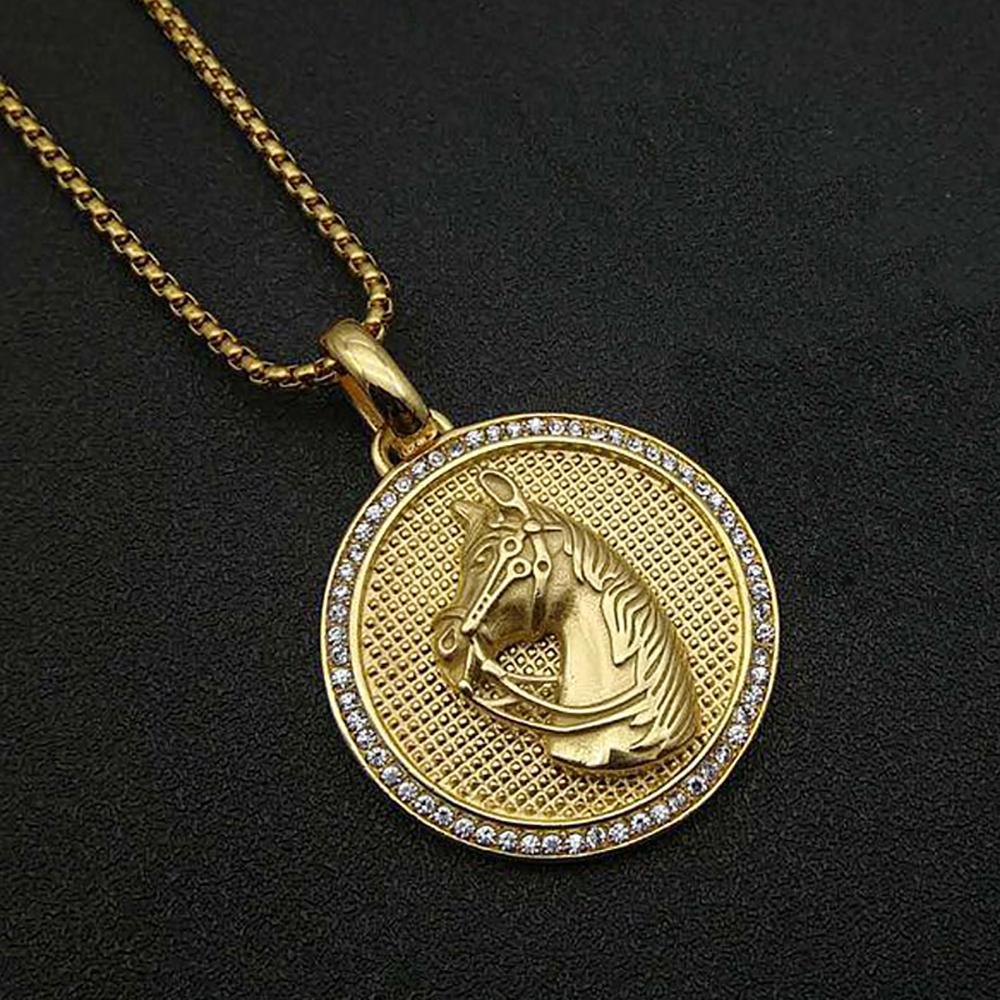 Punk Iced Out Bling Horse Head Pendant Gold Color Stainless Steel Zircon Animal Round Necklace For Men Jewelry Male Gift 2025