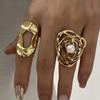 Stainless Steel Vintage Pearl Flower Rings For Women Gold Plated Hollow Rose Irregular Texture Ring Party Wedding Jewelry Gift