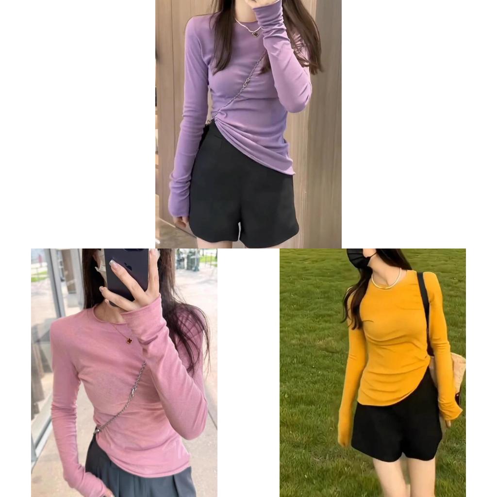 Womens Pure Color Long Sleeve T Shirt With Round Neck For Autumn Casual Wear