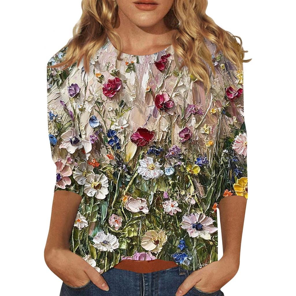 Women's Fashion Casual Three-quarter Sleeve Vintage Floral Print Round Neck Top