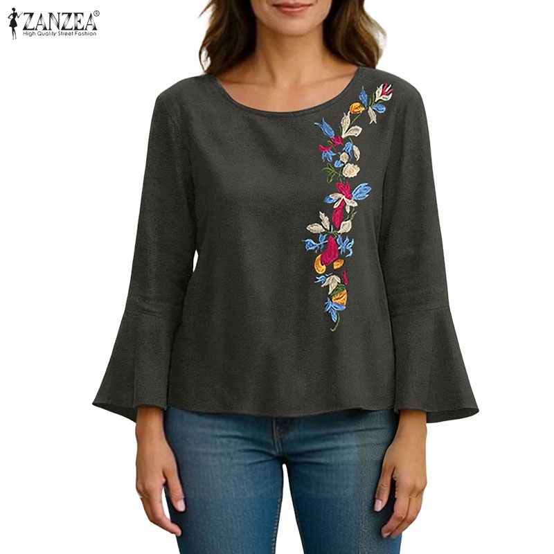 ZANZEA Bluză Casual Brodată cu Mâneci 3/4 Clopot și Gât Rotund pentru Femei