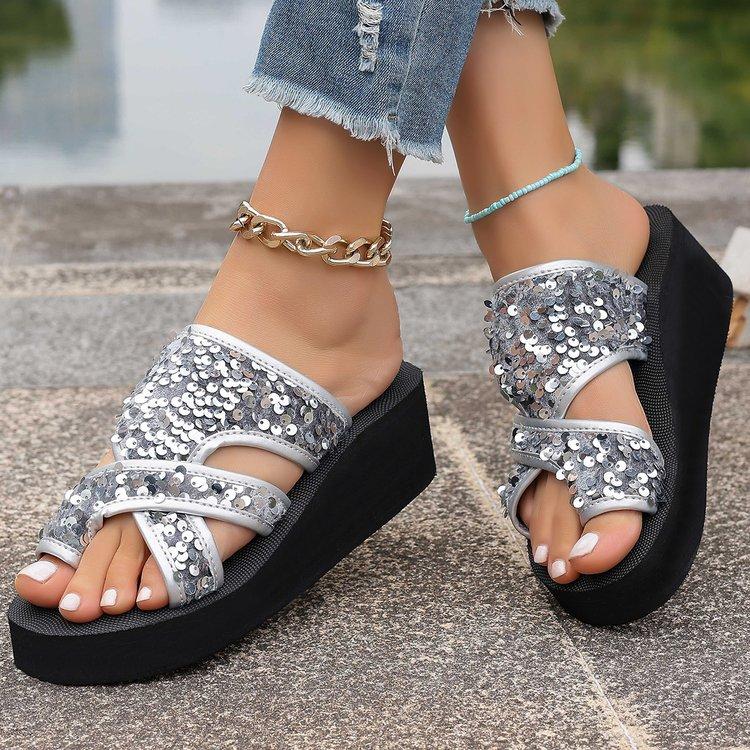 Chinelo de Verão Leve com Sola de Espuma e Dedos, Sandálias de Praia Casuais Lantejouladas de Sola Reta