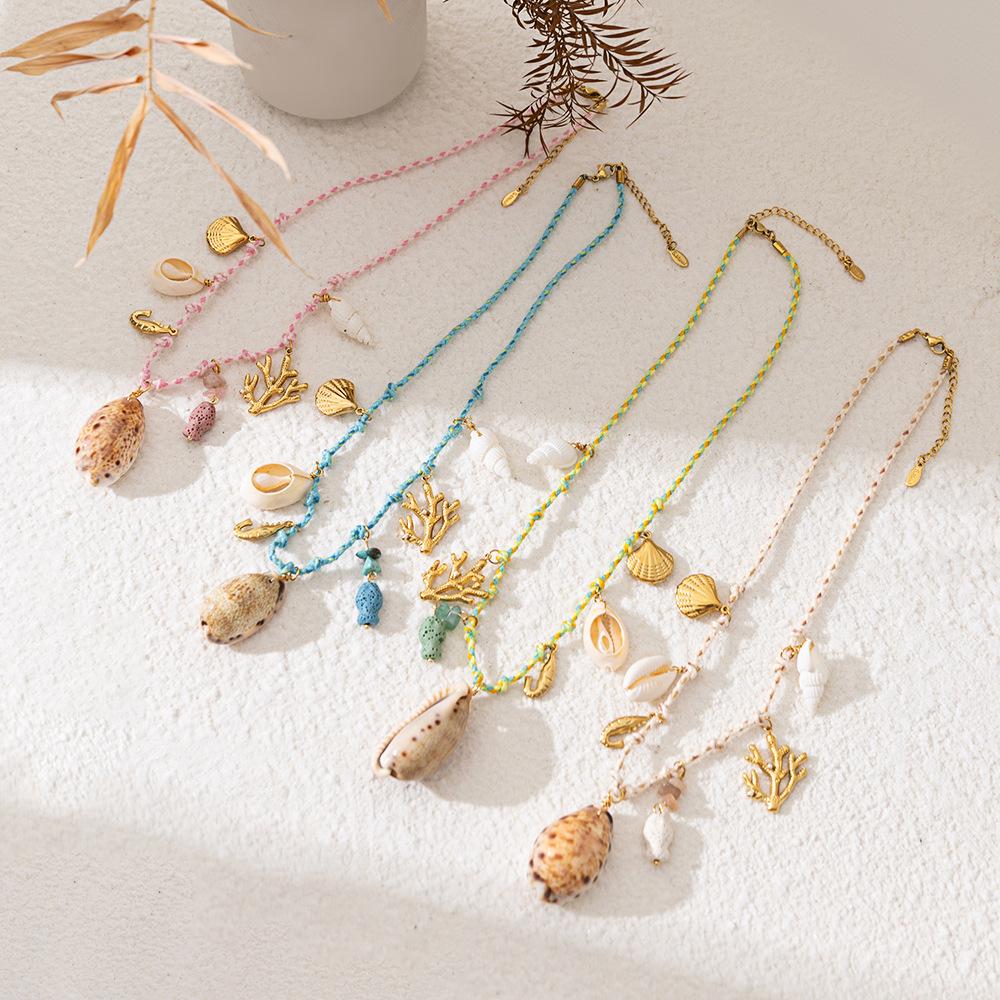 Bohemian color braided rope shell necklace summer beach vacation temperament stainless steel collarbone chain