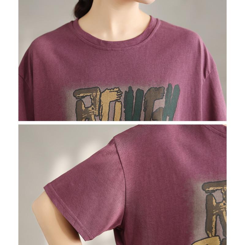 DIMANAF 2025 Kadın Yeni Yazlık Bol Büyük Beden Tişört Kısa Kollu Pamuk Vintage Baskılı Üstler Tişörtler Maksi