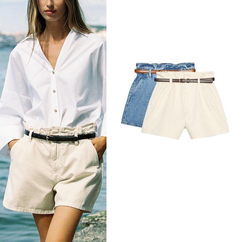 Summer New Arrival Women's Clothing Contrast Color Belt Slim Looking High Waist Paper Bag Denim Casual Shorts 8228028