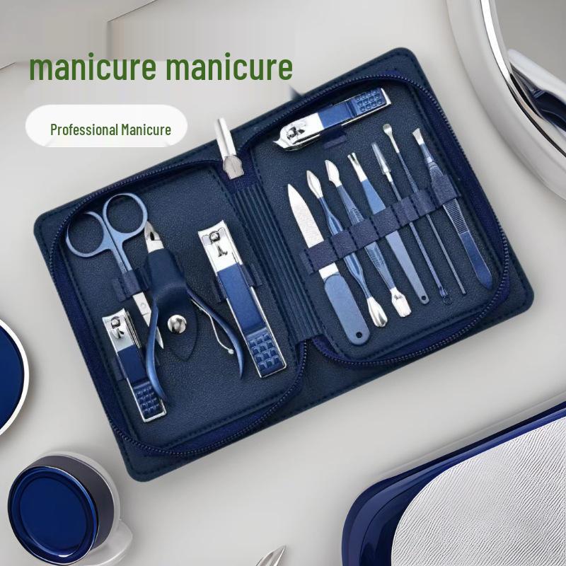 

12-Piece Blue Leather Manicure Set: Stainless Steel Nail Clippers & Scissors