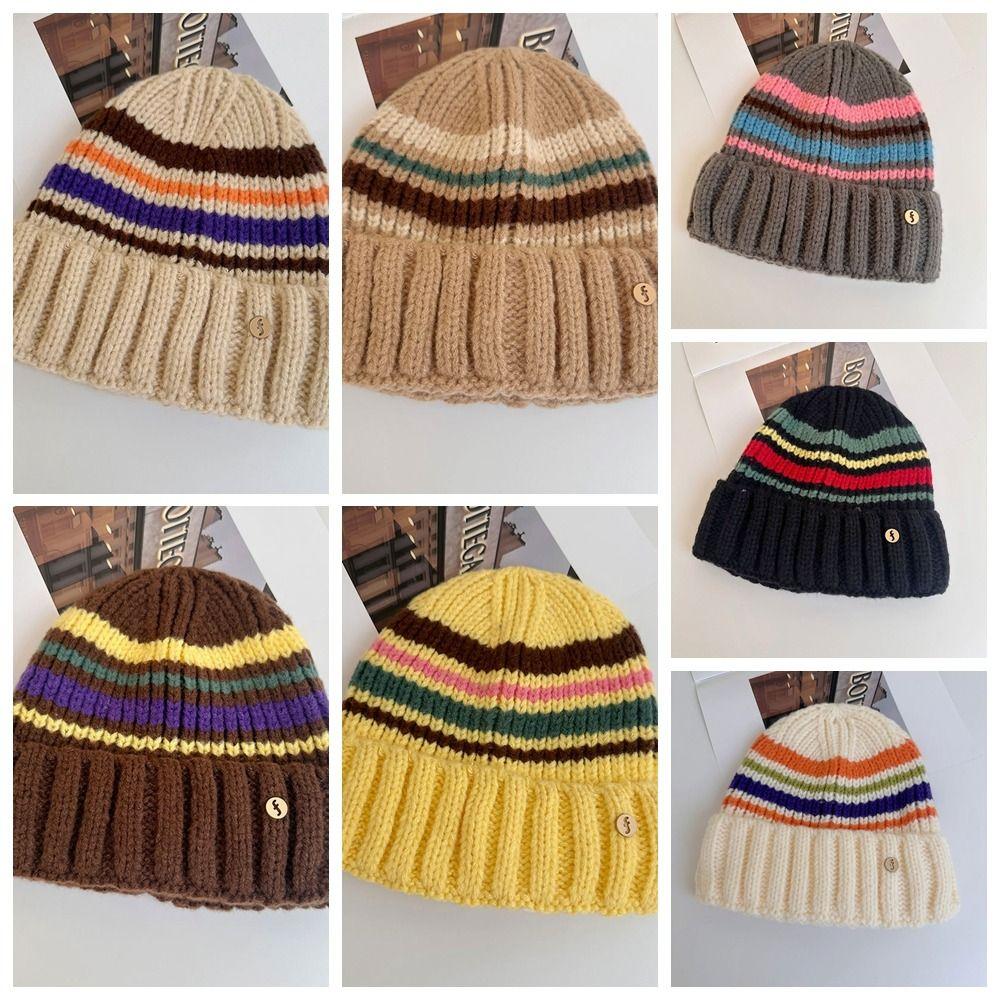 Trendy Casual Wool Hat Vintage Winter Pullover Hat Fashion Striped Knitted Hat  Outdoor