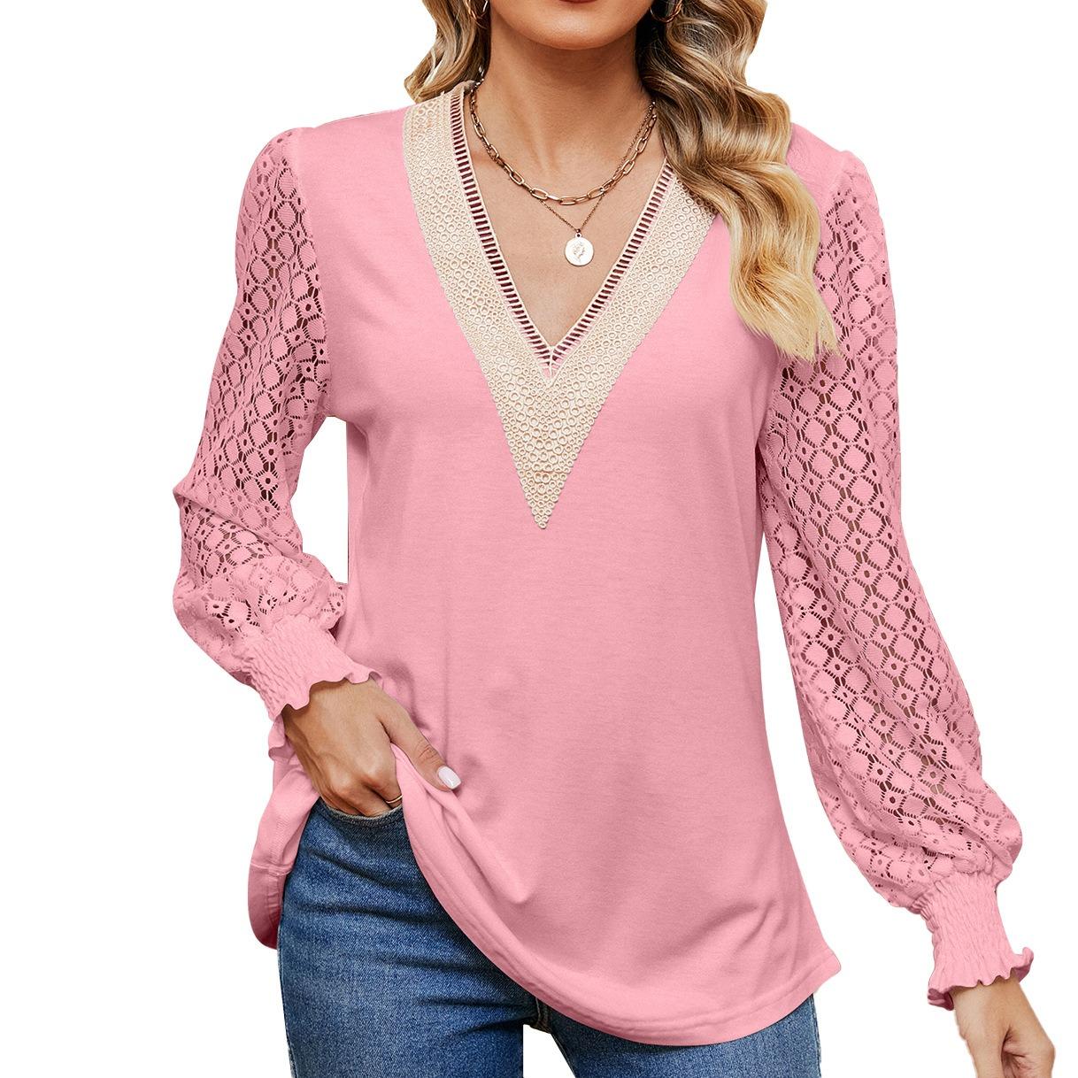

Элегантные и классические универсальные и удобные осенне-зимние женские свободные топы с V-образным вырезом и кружевом, с длинными рукавами, футболка с длинными рукавами XXL