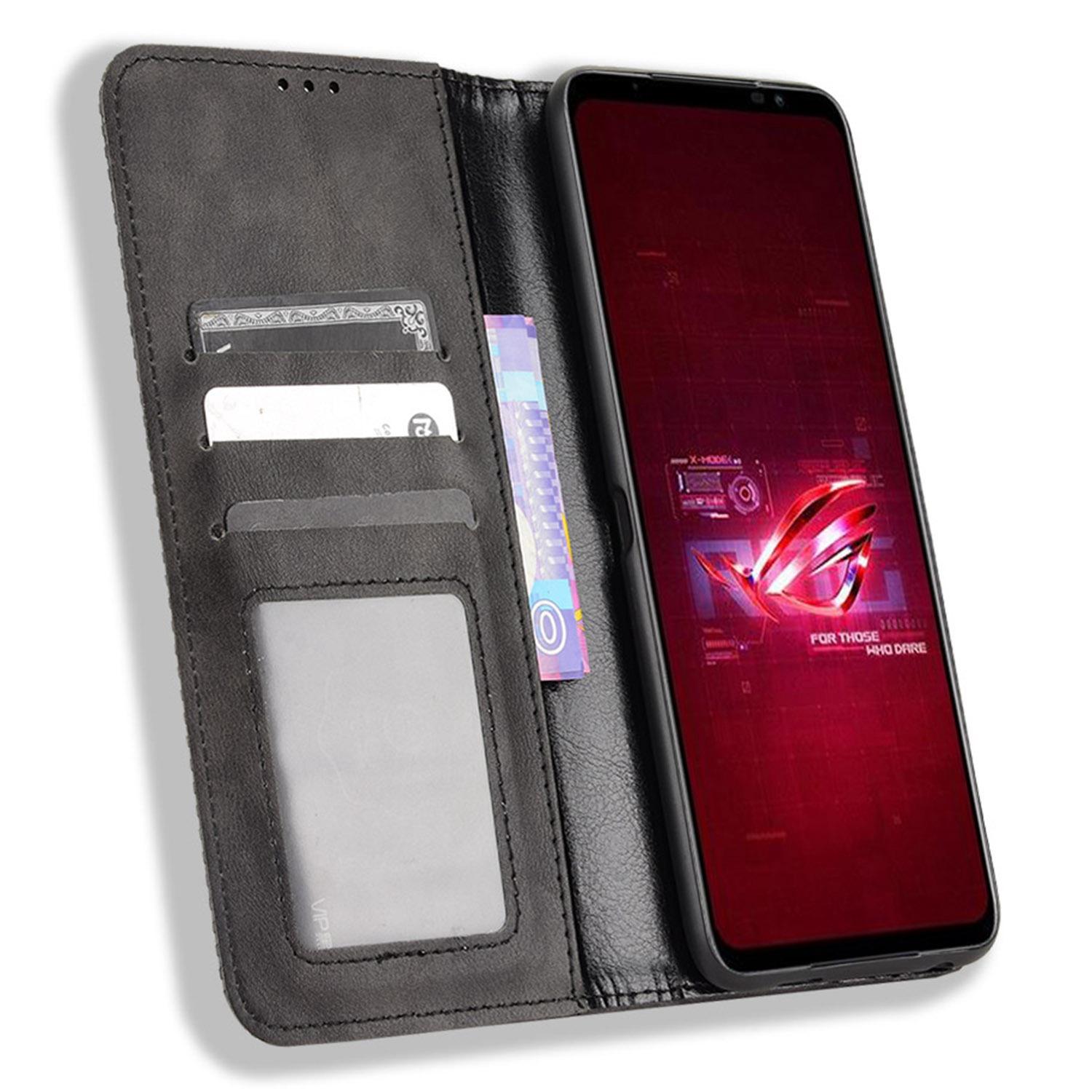 

For Asus ROG Phone 6 5G/Phone 6 Pro 5G Retro Texture PU Leather Magnetic Auto Closing Case Full Inclusive Protective Wallet Stand Cover Black