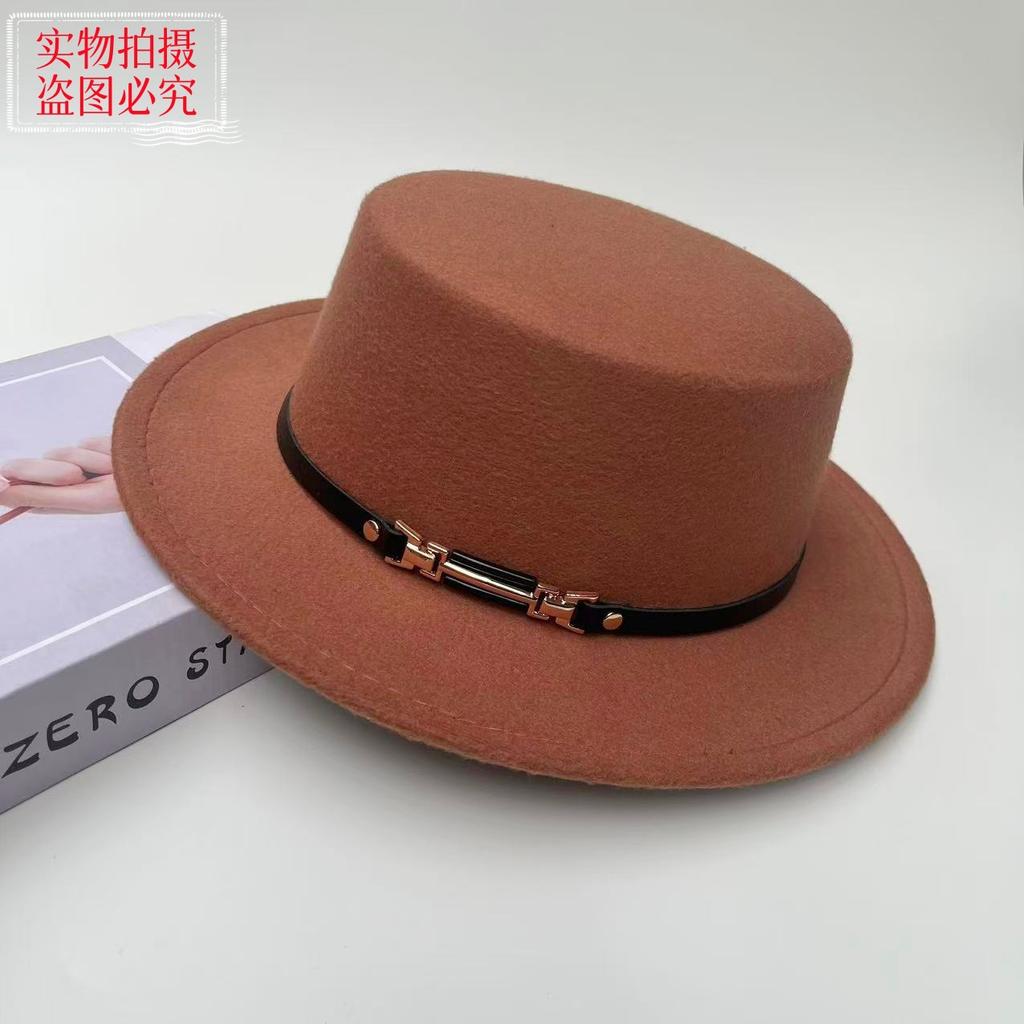 New Belt Buckle Woolen Hat British Retro Autumn and Winter Hat Men's and Women's Trendy Versatile Wide-brimmed Flat Top Top Top Hat