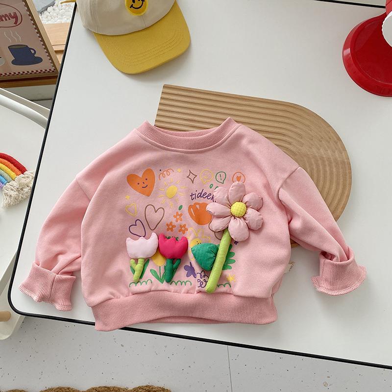 Girls 3D Flower Sweatshirt Baby Round Neck Long Sleeve Top Fashionable Casual Base Layer Shirt