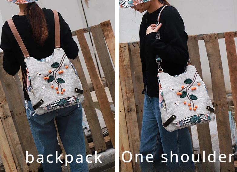 Ethnischer Rucksack Retro Baumwolle Leinen Damen Umhängetasche Weiblich Allzweck-Rucksäcke Leichte Reisetaschen für Mädchen Schultasche