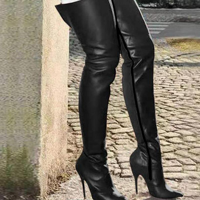 Stivali Alti da Donna con Zip Laterale Sopra il Ginocchio Sexy Punta Acuta Stivali Lunghi Décolleté di Personalità Taglie Forti Tacchi a Spillo Scarpe da Donna