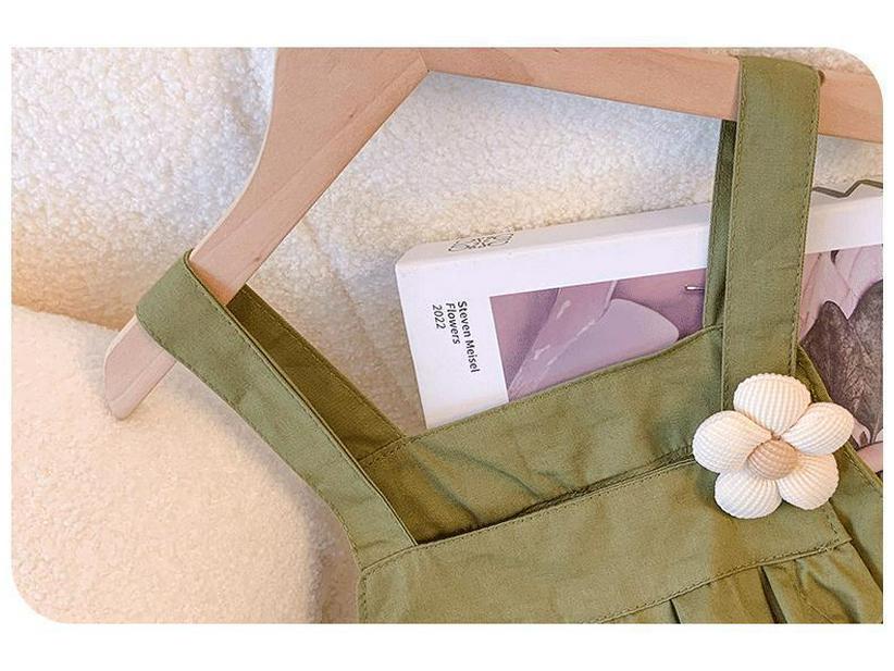 2024 Summer Girls' Stylish Casual Two-Piece: Bubble Sleeve Top & Suspender Dress