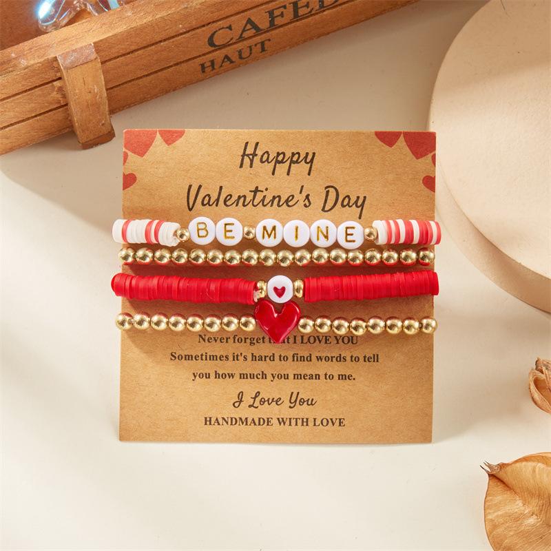 

New “LOVE” Pink Heart-shaped Pendant Beaded Elastic Multi-layered Layered Bracelets for Women Girl Valentine s Day Gift Jewelry