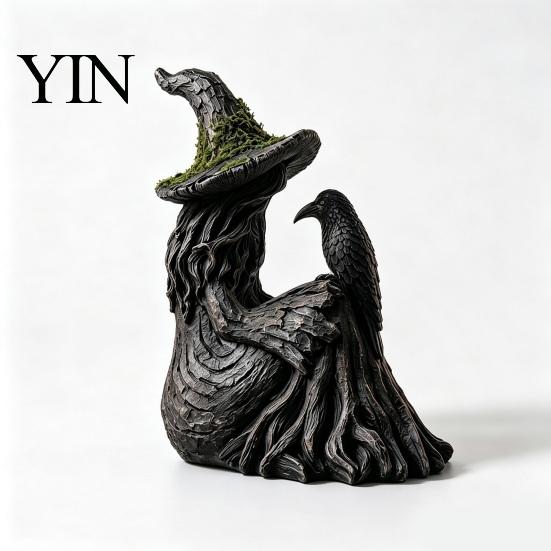 Durable Weather Resistant Ornament Luminous Witch & Raven Figurine with Mossy Tree Texture, Resin Gothic Ancient Crow Statue LED Light for Halloween