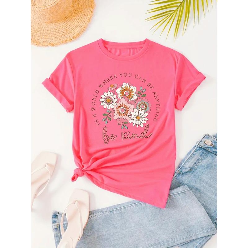 Women's Casual Short-Sleeve Crew Neck T-Shirt with Floral and Letter Print - Perfect Choice for Spring and Summer