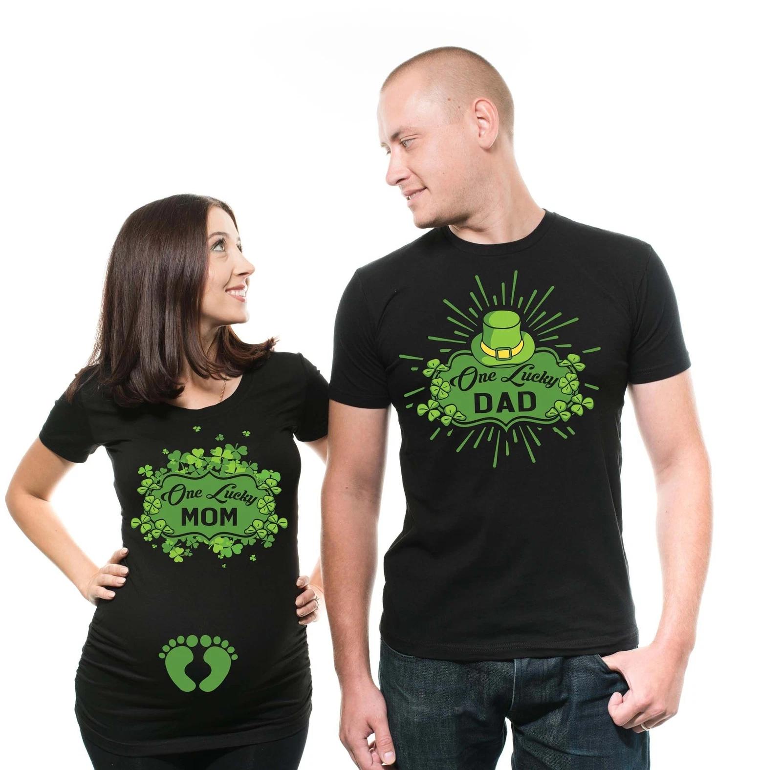 

Lucky Mom Dad St Patricks day Matching Tee shirt Couple Pregnancy maternity Tees S