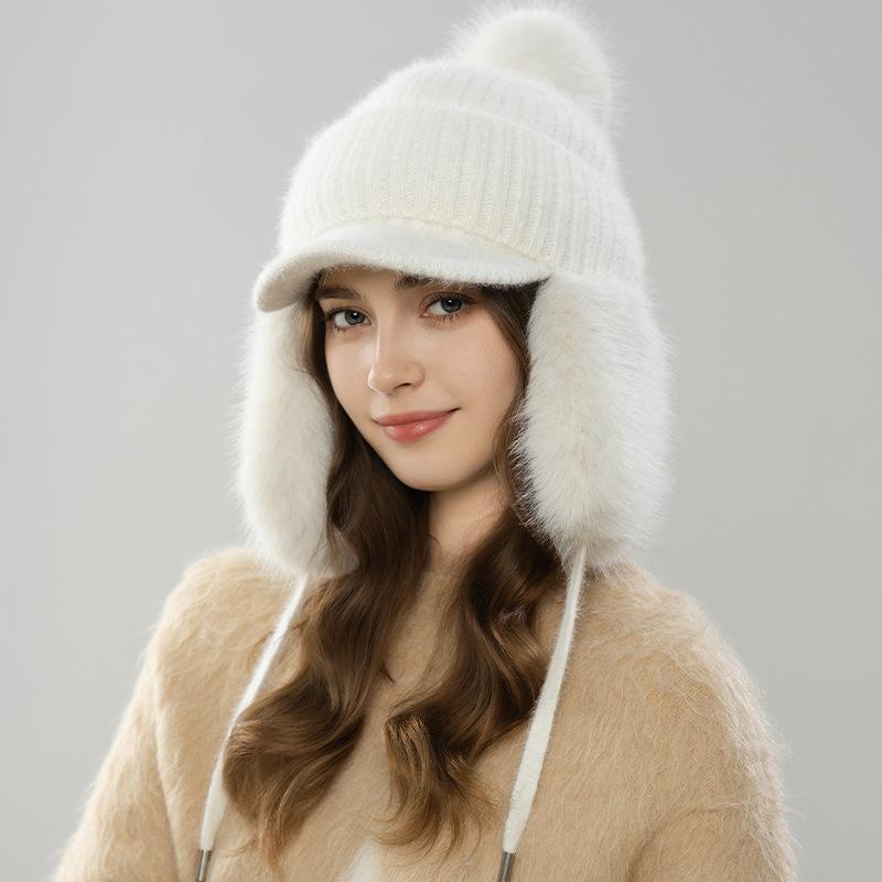 Autumn and winter plush warm ear protection rabbit fur hat hairball face ducktongue knitted hat girls hat