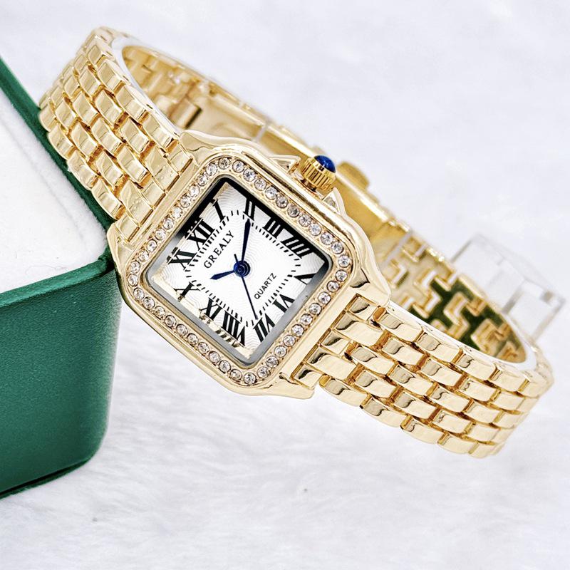 GREALY 2024 Dámské vodotěsné módní křemenné náramkové hodinky se čtvercovým pouzdrem a diamanty