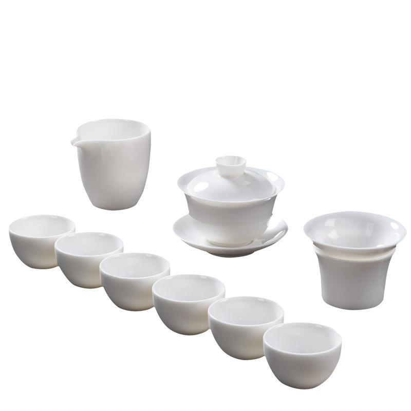 Suet Jade White Porcelain Tea Set Custom Set Kung Fu Tea Cup Household Living Room Dehua Tea Ceramic Cover Bowl