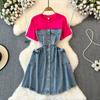Spring and Autumn Fashion A- line Denim Dress Fake Two-Piece