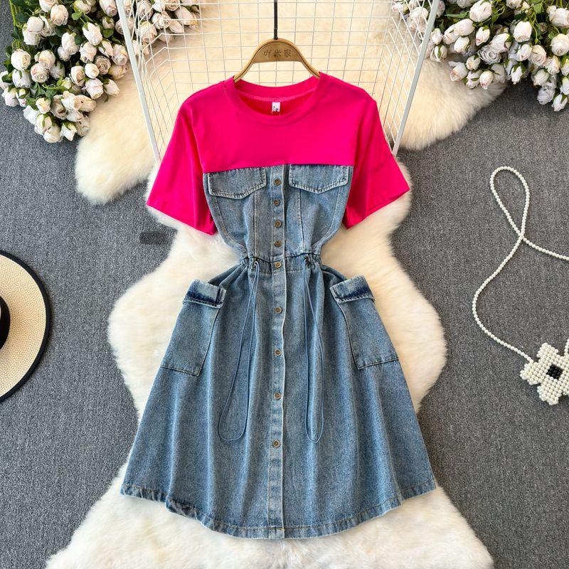 Spring and Autumn Fashion A- line Denim Dress Fake Two-Piece