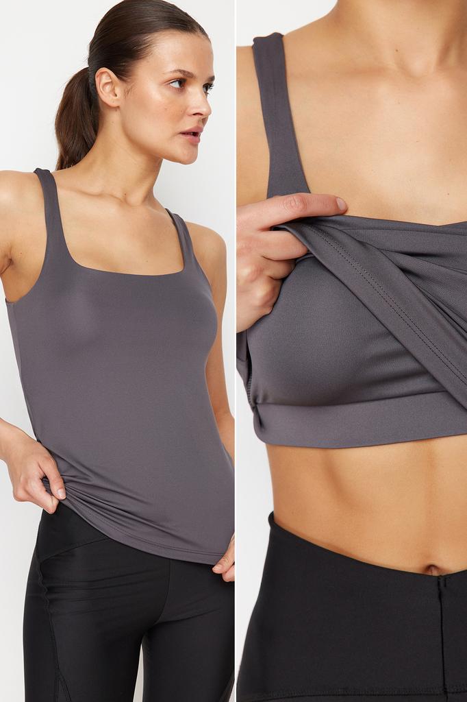 Women's Fashion New Blouse Stone Gathering 2 Layers Padded Sports Bra Square Collar Knitted Sports Top Blouse