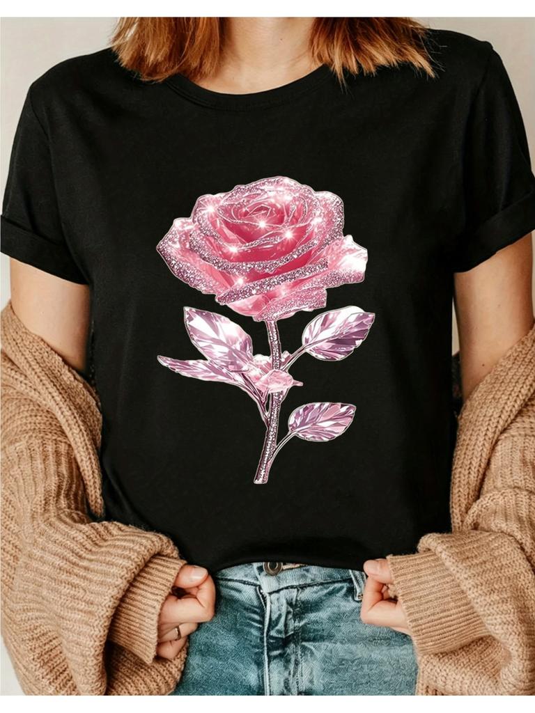 Summer Women'S Apparel with Sparkling Rose Design for on T-Shirt, Ideal for Robotic Events. This Elegant Women'S Wear Fe