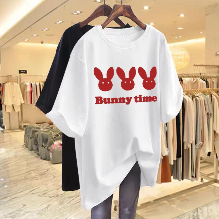 Medium and long short-sleeved t-shirt women's 2025 new rabbit print white loose and thin trendy short-sleeved top trendy