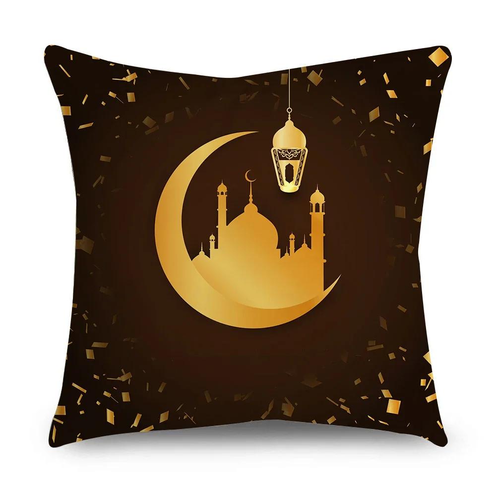 Ramadan Cushion Cover Islamic Eid Mubarak Black Gold Pillow Covers Home Decor Sofa Decorative Short Velvet Pillowcase 45cm*45cm