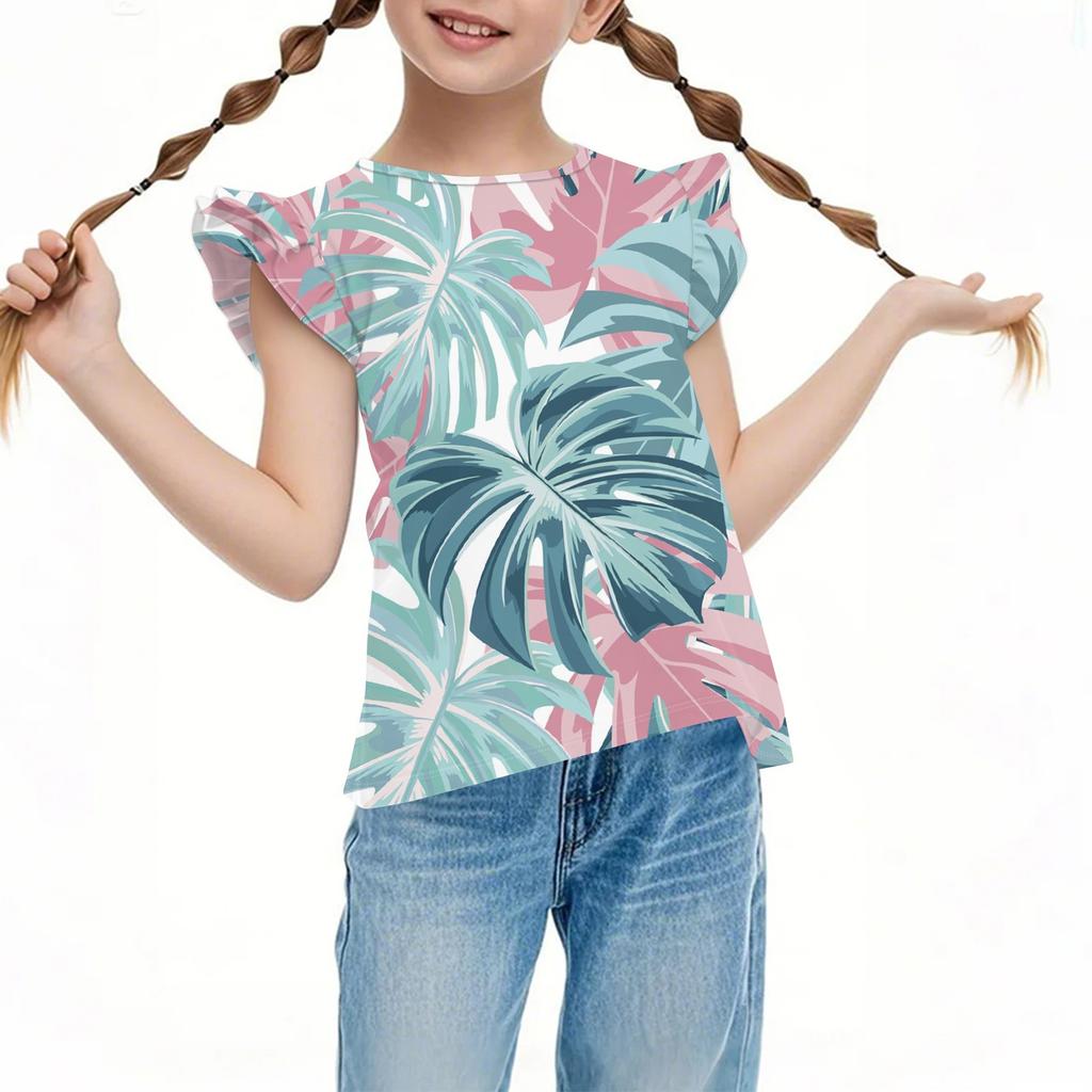 Children's Casual Short-Sleeved Pleated Cute Hawaiian Print Round-Neck Top