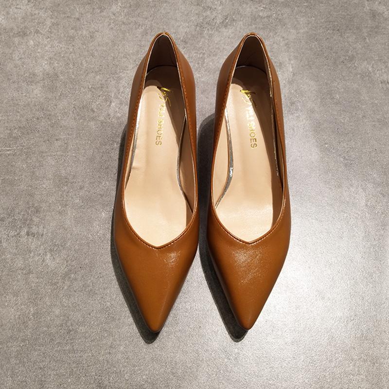 Fashion Korean All Match Fashion Work Shoes Woman Pointed Toe Shallow Brief Office Ladies Pumps Slip On Solid Leather Thin High Heels