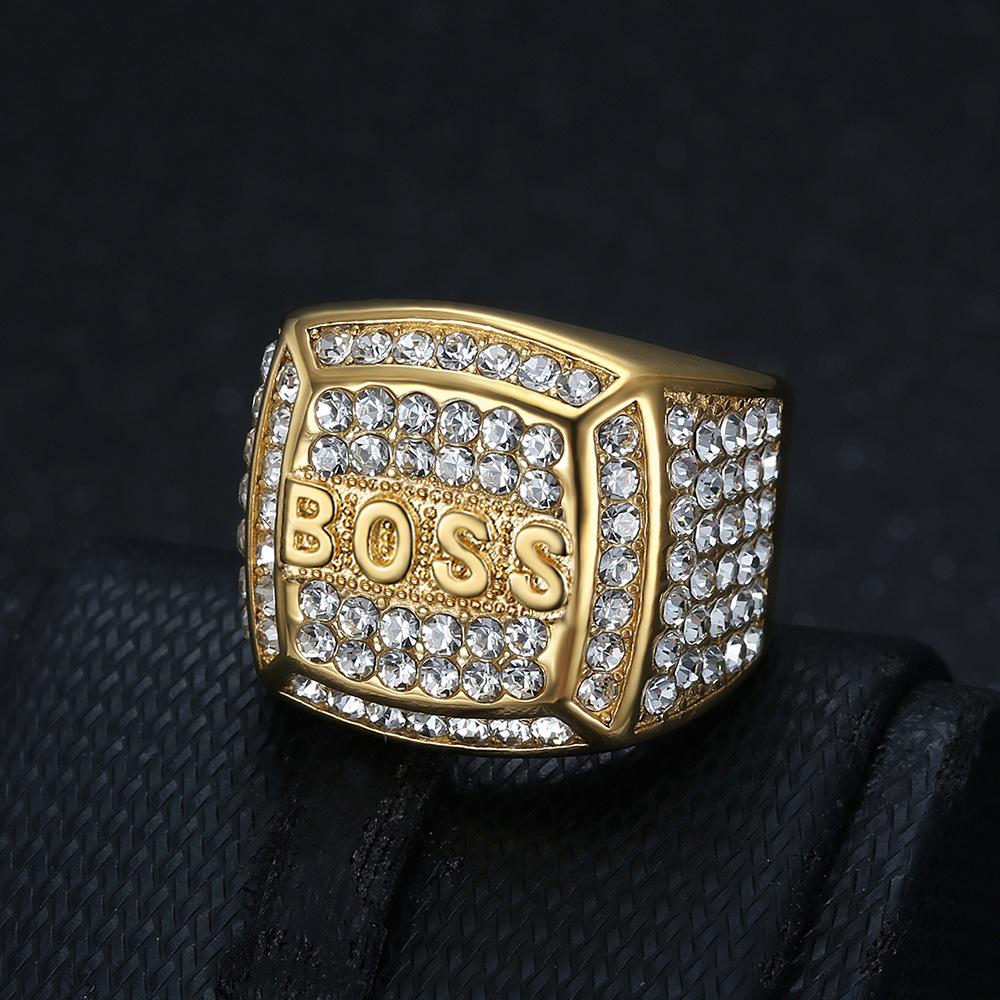 Ring ny hiphop-ring diamant firkantet BOSS-bokstav herrering