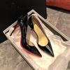 Patent Leather Side Empty Red Sole Shoes Thin Heels Black High Heels Spring and Autumn New Sexy and Thin Professional Commuting Shoes