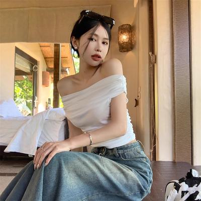 Ins Off-the-shoulder Sexy Hottie Pure Desire One-word Collar Short-sleeved T-shirt for Women's Summer Slim-fitting and Thin Bottoming Top for Women