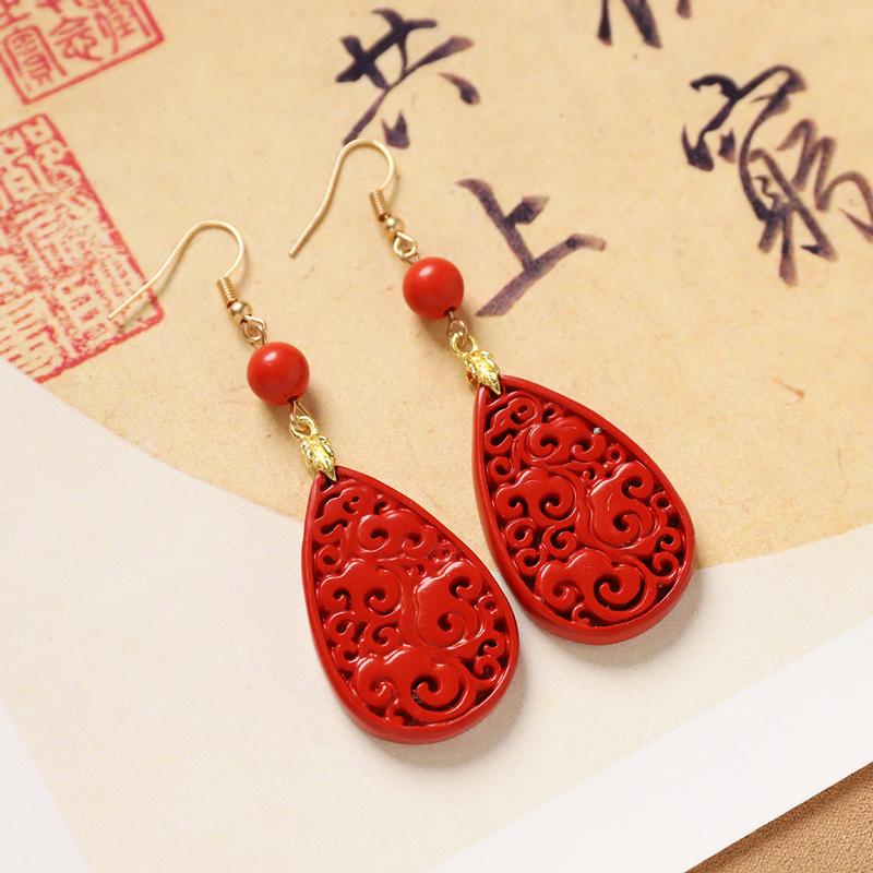 

Красные серьги-капли из киновари, ретро-темперамент, нишевый дизайн, антикварные серьги-ципао, женские