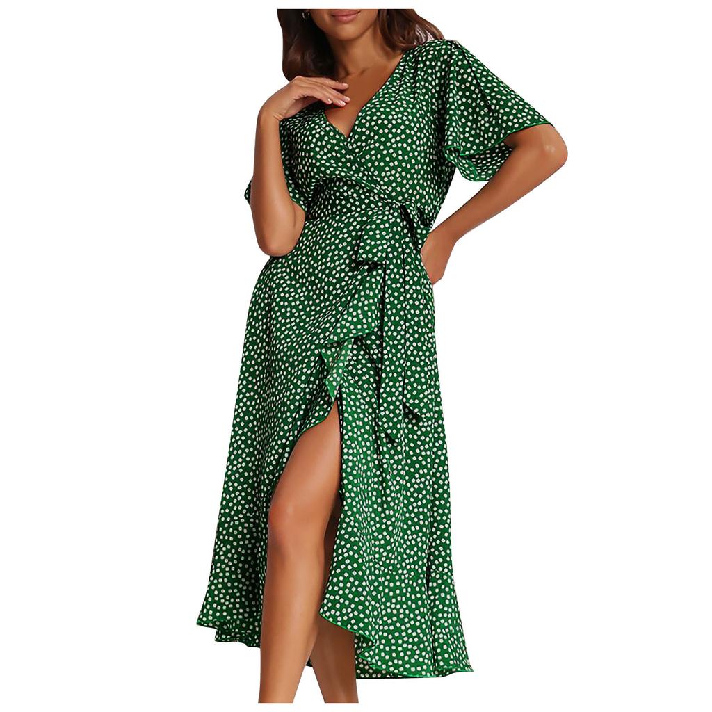 Fashion Women's Printed V-Neck Irregular High Waist Tie Sexy Casual Short Sleeve Dress