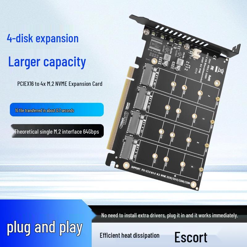 PCIe X16 Quad M.2 NVMe Expansion Card - 4-Bay RAID, Supports Software RAID, 2TB per Drive.