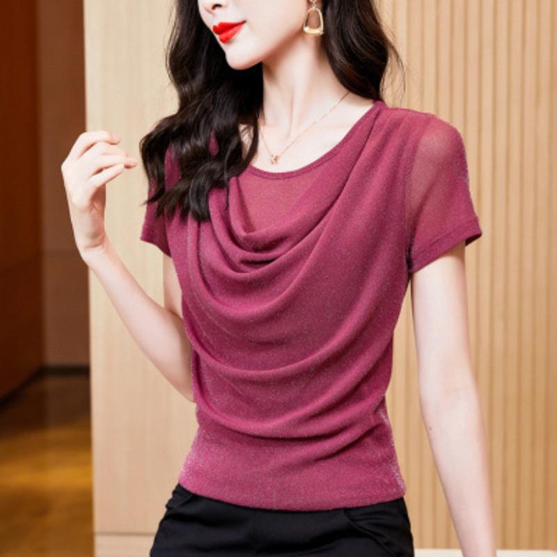 Small Shirt Foreign Style T-shirt Women's Short-sleeved Summer New French Crew Neck Bottoming Purple Top