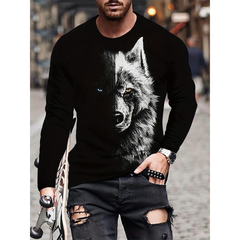 Langarm-T-Shirt für Herren mit Wolf-Print, Frühling und Herbst, für den Alltag, lässiges Oberteil für die Straße, für Herren, modisches Langarm-T-Shirt