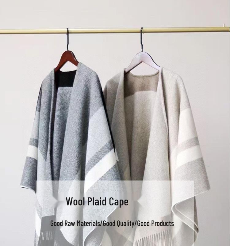 Wool Plaid Shawl Cape: Women's Warm Tassel Scarf for Spring, Autumn, Winter