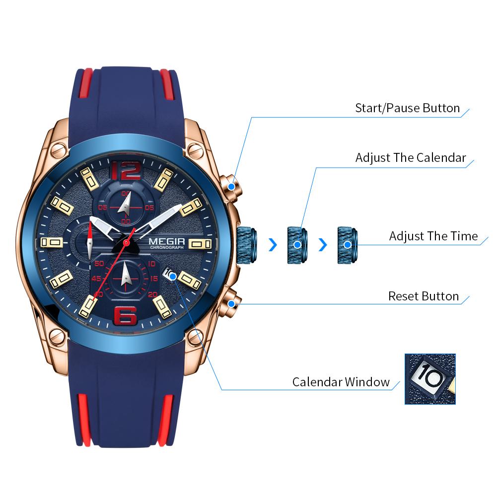 Megir Rose Blue Waterproof Sports Men Watches Clock Quartz Wrsitwatch for Man