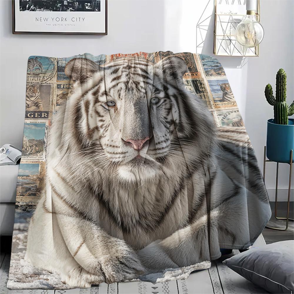 White Tiger Print Flannel Blanket, High Quality Comfortable for All Seasons, Home Decor, Warmth and Comfort, Perfect for Christmas Gifts