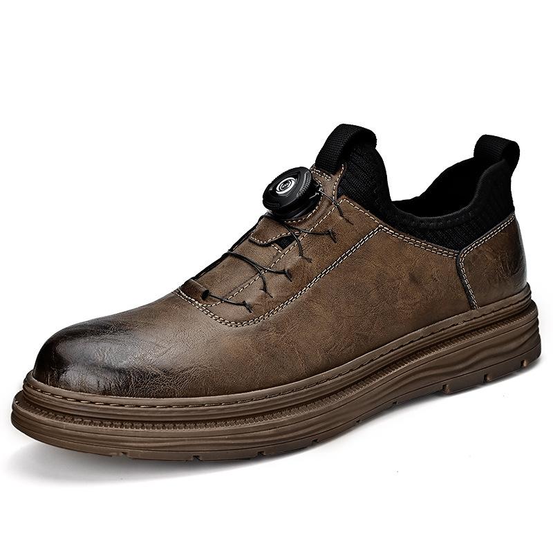 

Leather shoes men s 2025 autumn new leather fashion versatile casual shoes men s one-pedal spinning button simple thick Shoes 38 хаки