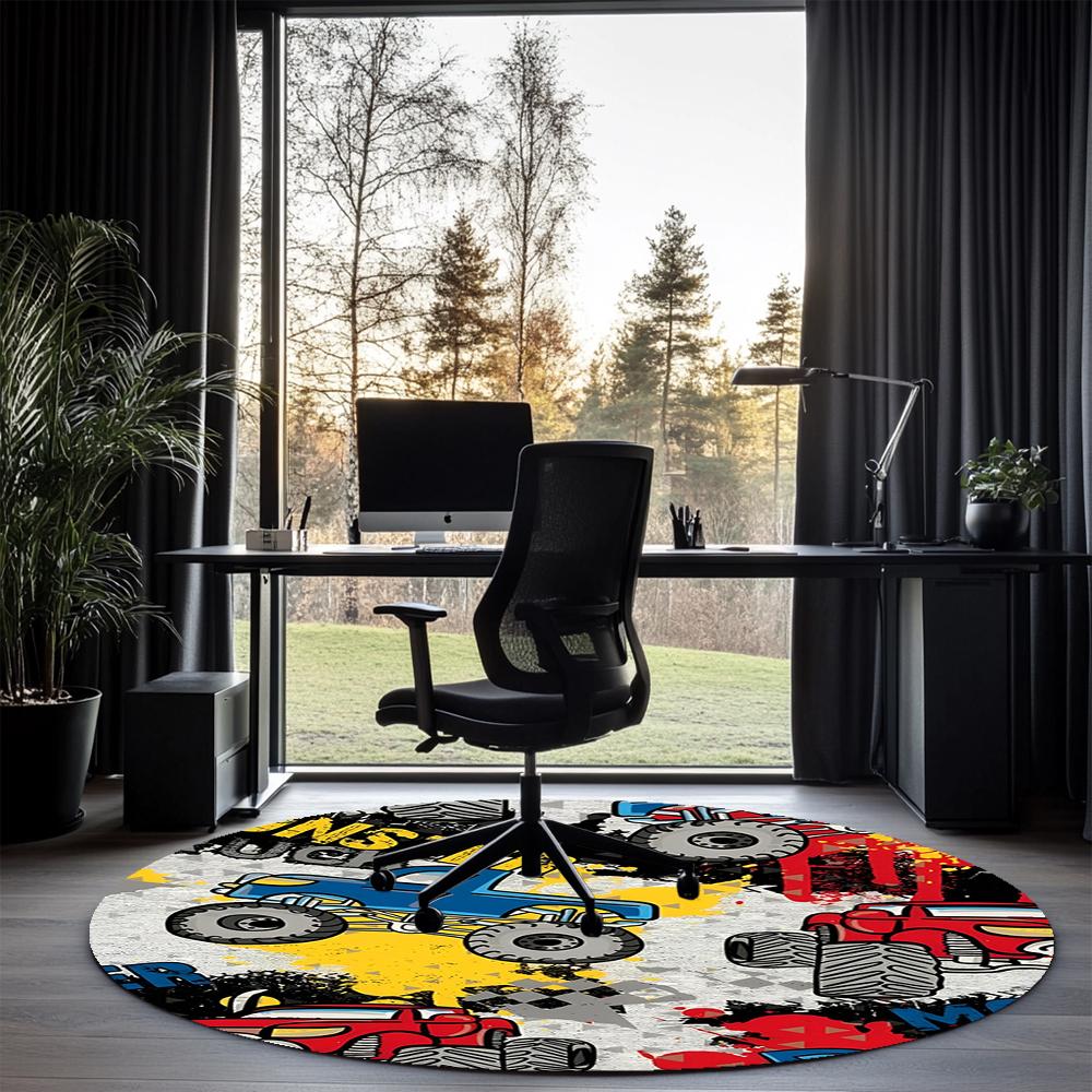 Truck Printed Round Rug Carpet Chair Rug Area Rug Entryway Doormats,for Office Chair Living Room Bedroom Kitchen Room.